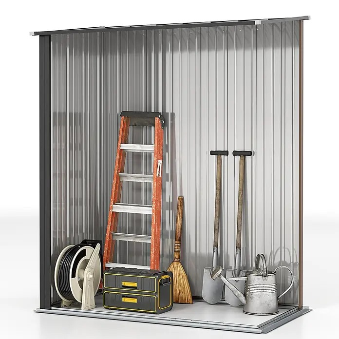Outsunny Gerätehaus - Außenbreite inkl. Dachüberstand: 162 cm, Außentiefe inkl. Dachüberstand: 95 cm, Stahl, Braun - Ein offener Gartenschuppen aus Wellblech mit Leiter, Schlauchaufroller, Werkzeugkasten, Besen, Schaufeln und Gießkanne.