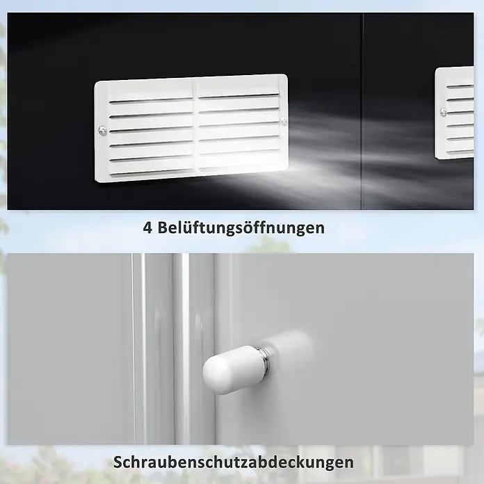 Outsunny Gerätehaus - Außenbreite inkl. Dachüberstand: 340 cm, Außentiefe inkl. Dachüberstand: 386 cm, Stahl, Dunkelgrau - Weiße Belüftungsgitter mit Luftstrom und weiße schützende Schraubenabdeckungen.