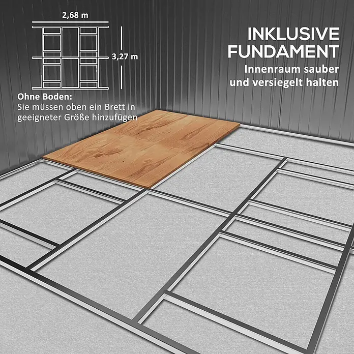 Outsunny Gerätehaus - Außenbreite inkl. Dachüberstand: 340 cm, Außentiefe inkl. Dachüberstand: 386 cm, Stahl, Dunkelgrau - Metallfundamentrahmen für ein Gartenhaus, teilweise mit einer Holzplatte bedeckt. Hält den Innenraum sauber und versiegelt.