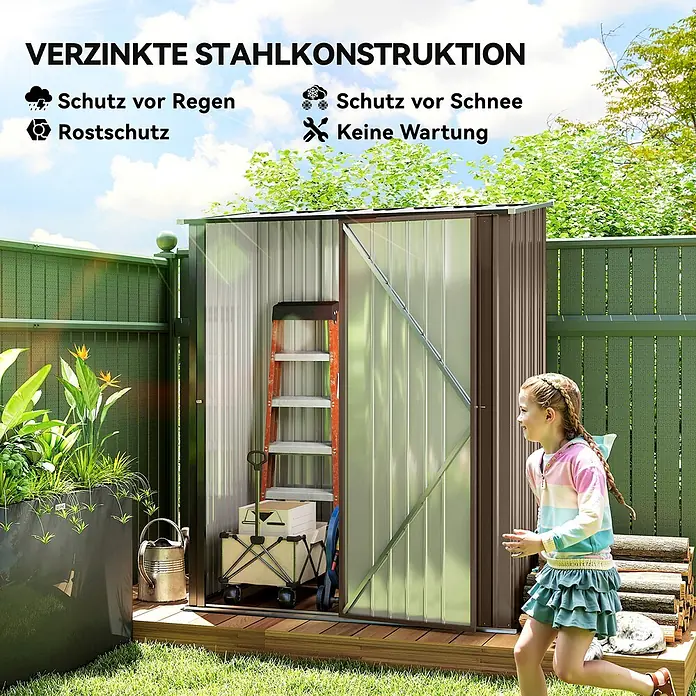 Outsunny Gerätehaus - Außenbreite inkl. Dachüberstand: 162 cm, Außentiefe inkl. Dachüberstand: 95 cm, Stahl, Braun - Ein brauner verzinkter Stahlgeräteschuppen im Garten, der Schutz vor Regen, Schnee und Rost bietet und wartungsfrei ist.