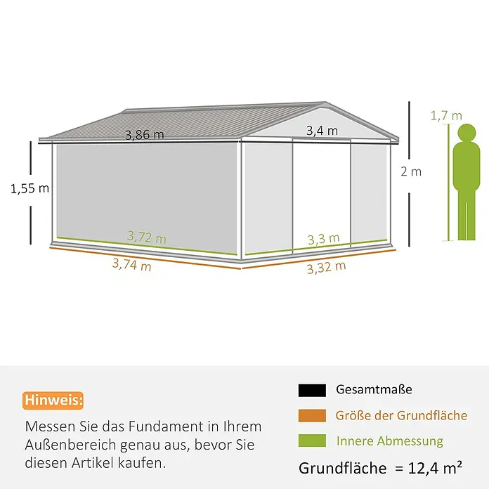 Outsunny Gerätehaus - Außenbreite inkl. Dachüberstand: 340 cm, Außentiefe inkl. Dachüberstand: 386 cm, Stahl, Dunkelgrau - Hellgrauer Geräteschuppen mit detaillierten Gesamt-, Innen- und Grundrissmaßen, inklusive menschlicher Skalierung. Grundfläche: 12,4 m².