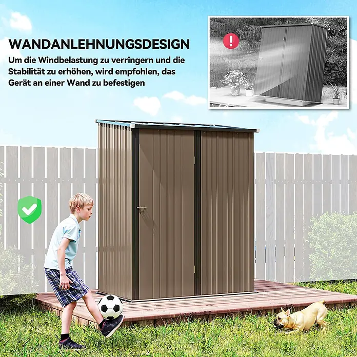 Outsunny Gerätehaus - Außenbreite inkl. Dachüberstand: 162 cm, Außentiefe inkl. Dachüberstand: 95 cm, Stahl, Braun - Brauner Metall-Geräteschuppen mit Wandanlehnungsdesign für erhöhte Stabilität, im Garten.