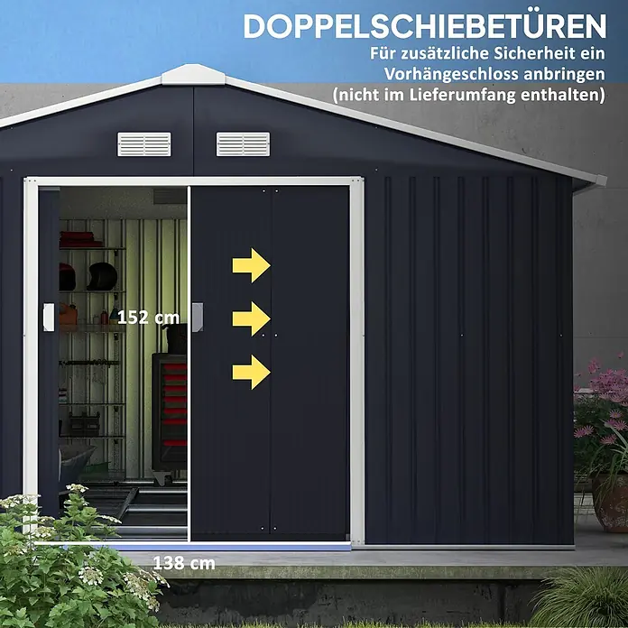 Outsunny Gerätehaus - Außenbreite inkl. Dachüberstand: 340 cm, Außentiefe inkl. Dachüberstand: 386 cm, Stahl, Dunkelgrau - Dunkelblauer Metall-Gartenschuppen mit Doppelschiebetüren; Türöffnung 138 cm breit, 152 cm hoch.