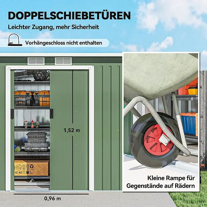 Outsunny Gerätehaus - Außenbreite inkl. Dachüberstand: 269 cm, Außentiefe inkl. Dachüberstand: 119 cm, Stahl, Hellgrün - Grüner Metall-Gartenschuppen mit Doppelschiebetüren und kleiner Rampe für einfachen Zugang. Öffnung: 0,96x1,52m.