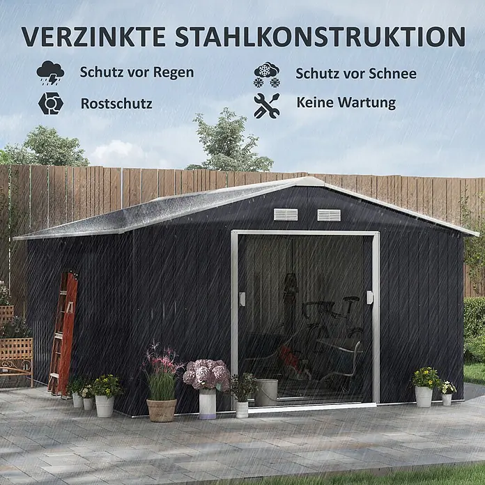 Outsunny Gerätehaus - Außenbreite inkl. Dachüberstand: 340 cm, Außentiefe inkl. Dachüberstand: 386 cm, Stahl, Dunkelgrau - Dunkelgraues Gartenhaus aus verzinktem Stahl mit Schiebetüren, wetterfest, im Regen stehend.