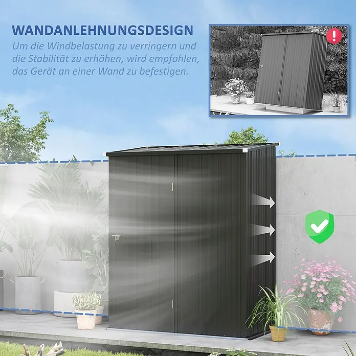 Outsunny Gerätehaus - Außenbreite inkl. Dachüberstand: 162 cm, Außentiefe inkl. Dachüberstand: 95 cm, Stahl, Schwarz - Dunkelgrauer Metall-Anlehnschuppen, zur Windstabilität an einer Wand platziert.