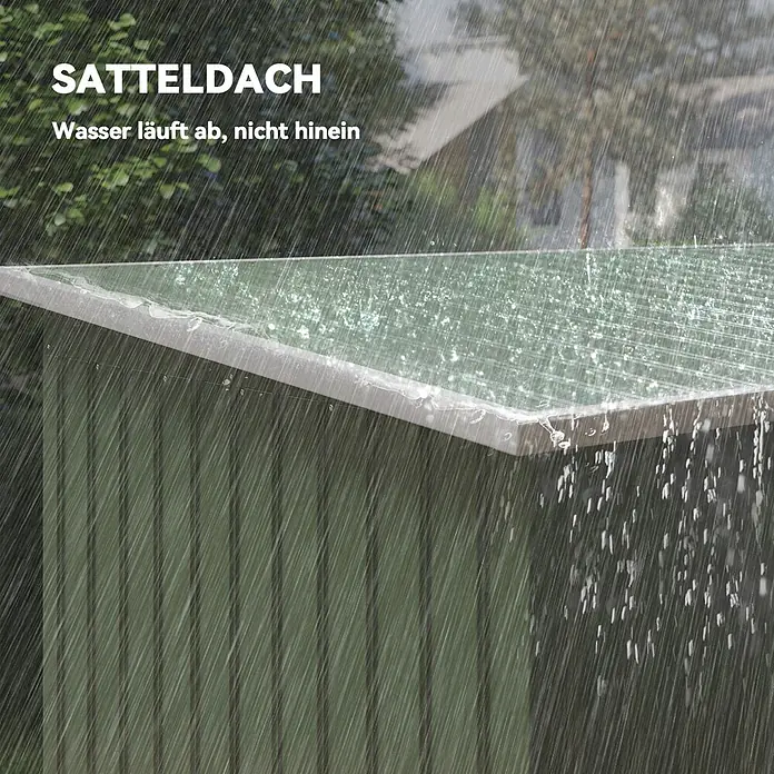 Outsunny Gerätehaus - Außenbreite inkl. Dachüberstand: 269 cm, Außentiefe inkl. Dachüberstand: 119 cm, Stahl, Hellgrün - Grünes Satteldach eines Schuppens im Regen, Wasser läuft ab, nicht hinein.