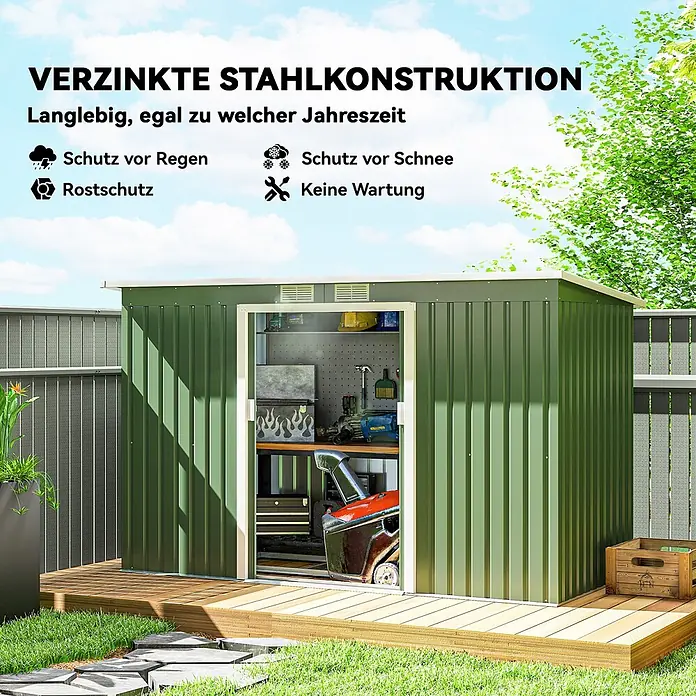 Outsunny Gerätehaus - Außenbreite inkl. Dachüberstand: 269 cm, Außentiefe inkl. Dachüberstand: 119 cm, Stahl, Hellgrün - Grüner Geräteschuppen aus verzinktem Stahl auf einer Holzterrasse im Garten, offene Tür zeigt Werkzeuge und Geräte.