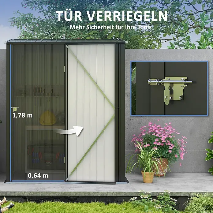 Outsunny Gerätehaus - Außenbreite inkl. Dachüberstand: 162 cm, Außentiefe inkl. Dachüberstand: 95 cm, Stahl, Schwarz - Dunkelgrauer Metallschuppen mit weißer Schiebetür, Maßen (1,78m hoch, 0,64m breit) und Nahaufnahme eines grünlichen Riegelverschlusses für mehr Sicherheit.