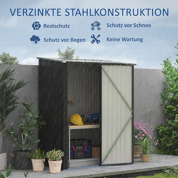 Outsunny Gerätehaus - Außenbreite inkl. Dachüberstand: 162 cm, Außentiefe inkl. Dachüberstand: 95 cm, Stahl, Schwarz - Verzinkter Stahl-Geräteschuppen in Grau/Schwarz mit Schiebetür, wetterfest (Rost-, Regen-, Schneeschutz) und wartungsfrei im Garten.