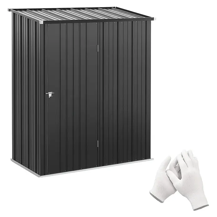 Outsunny Gerätehaus - Außenbreite inkl. Dachüberstand: 162 cm, Außentiefe inkl. Dachüberstand: 95 cm, Stahl, Schwarz - Dunkelgraues Wellblech-Gerätehaus mit Doppeltür und Riegel, dazu weiße Arbeitshandschuhe.