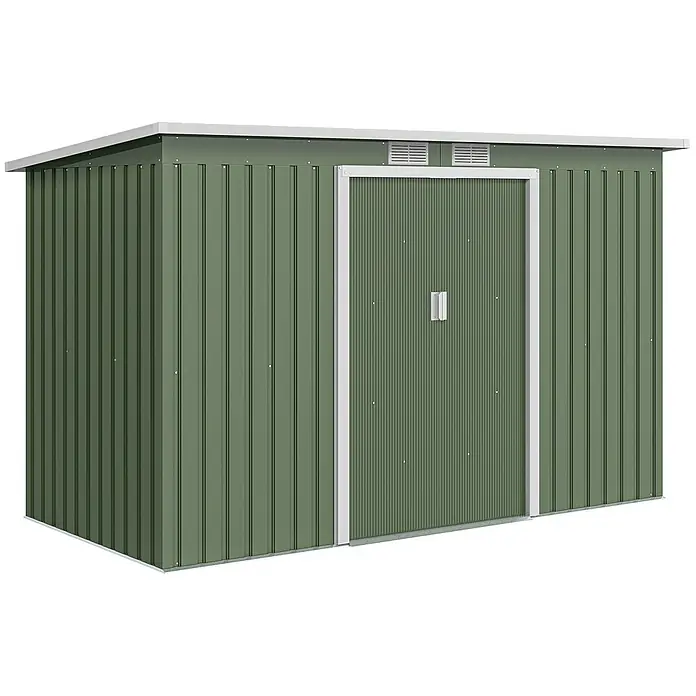 Outsunny Gerätehaus - Außenbreite inkl. Dachüberstand: 269 cm, Außentiefe inkl. Dachüberstand: 119 cm, Stahl, Hellgrün - Grüner Wellblechschuppen mit flachem weißem Dach und Doppeltüren zur Lagerung im Freien.