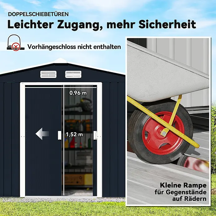 Outsunny Gerätehaus - Außenbreite inkl. Dachüberstand: 277 cm, Außentiefe inkl. Dachüberstand: 195 cm, Stahl, Dunkelgrau - Anthrazitfarbener Gartenschuppen mit Doppelschiebetüren (0,96m x 1,52m) und kleiner Rampe. Erleichtert den Zugang für Gegenstände auf Rädern, draußen gezeigt.