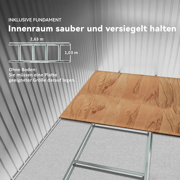 Outsunny Gerätehaus - Außenbreite inkl. Dachüberstand: 277 cm, Außentiefe inkl. Dachüberstand: 195 cm, Stahl, Grau - Metallfundament (2,63 x 1,03 m) für Geräteschuppen, bereit für Bodenplatte, zur Abdichtung und Sauberhaltung des Innenraums.