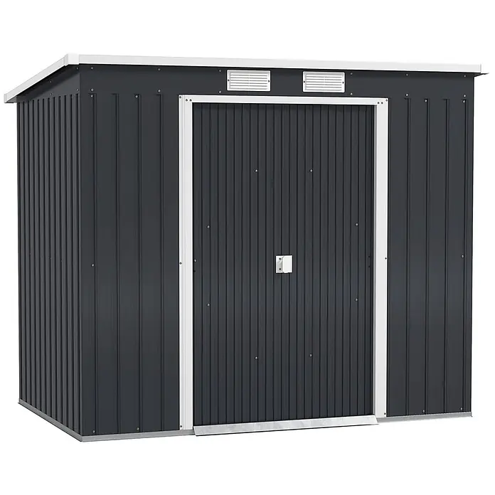 Outsunny Gerätehaus - Außenbreite inkl. Dachüberstand: 213 cm, Außentiefe inkl. Dachüberstand: 130 cm, Stahl, Dunkelgrau - Dunkelgraues Metallgerätehaus mit weißem Dach und Türrahmen.