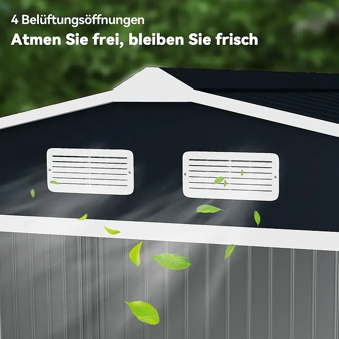 Outsunny Gerätehaus - Außenbreite inkl. Dachüberstand: 277 cm, Außentiefe inkl. Dachüberstand: 195 cm, Stahl, Dunkelgrau - Zwei weiße Lüftungsgitter an dunkler Schuppenwand, die Luftzirkulation mit schwebenden grünen Blättern zeigen.