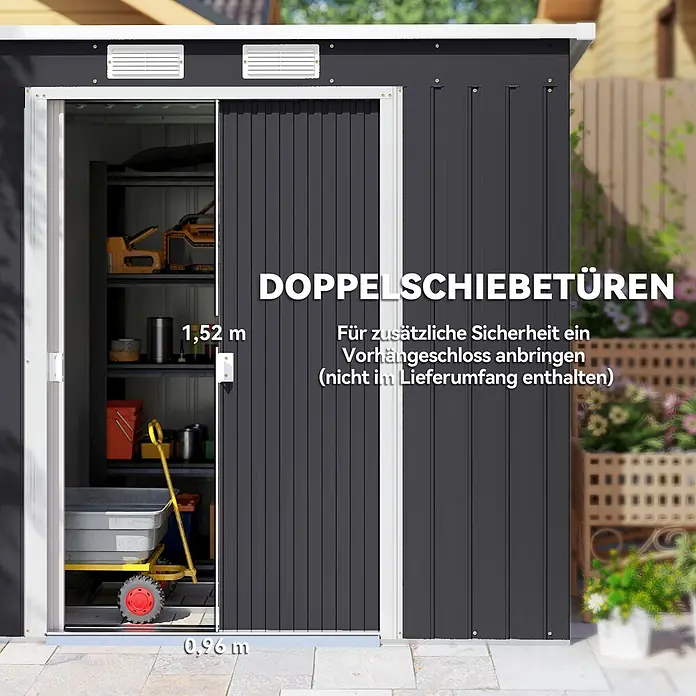 Outsunny Gerätehaus - Außenbreite inkl. Dachüberstand: 213 cm, Außentiefe inkl. Dachüberstand: 130 cm, Stahl, Dunkelgrau - Dunkelgrauer Metall-Gartenschuppen mit weißem Rand und Doppelschiebetüren (0,96m B x 1,52m H). Optionales Vorhängeschloss für Sicherheit.