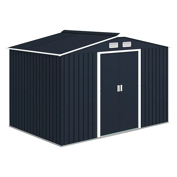 Outsunny Gerätehaus - Außenbreite inkl. Dachüberstand: 277 cm, Außentiefe inkl. Dachüberstand: 195 cm, Stahl, Dunkelgrau - Dunkelblauer Metall-Gartenschuppen mit Pultdach, Doppeltüren und Lüftungsöffnungen für den Außenbereich.
