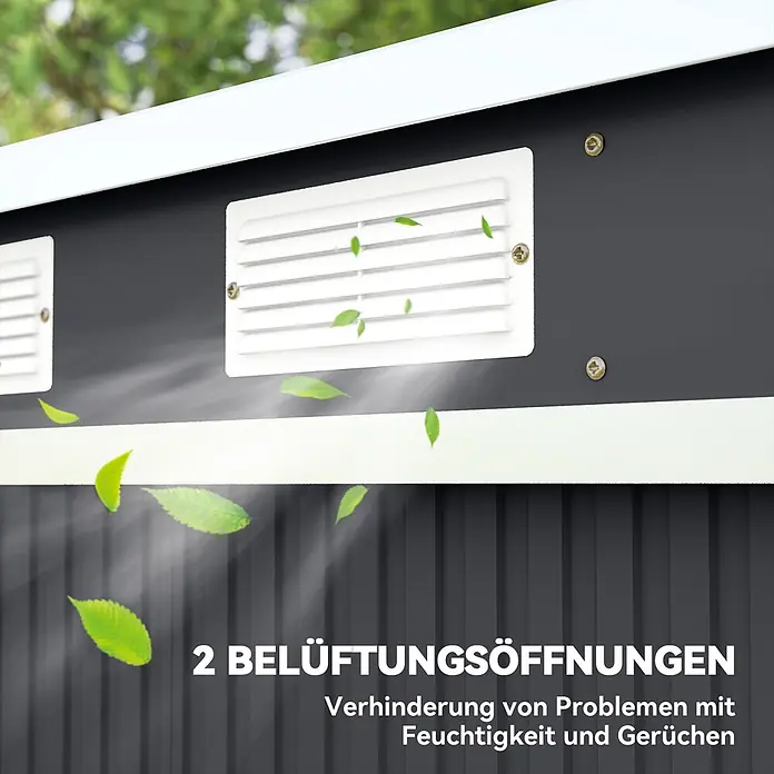 Outsunny Gerätehaus - Außenbreite inkl. Dachüberstand: 213 cm, Außentiefe inkl. Dachüberstand: 130 cm, Stahl, Dunkelgrau - Zwei weiße Lüftungsöffnungen an einer dunkelgrauen Wand, mit Lufteffekten und Blättern, die den Luftstrom zur Feuchtigkeits- und Geruchskontrolle zeigen.