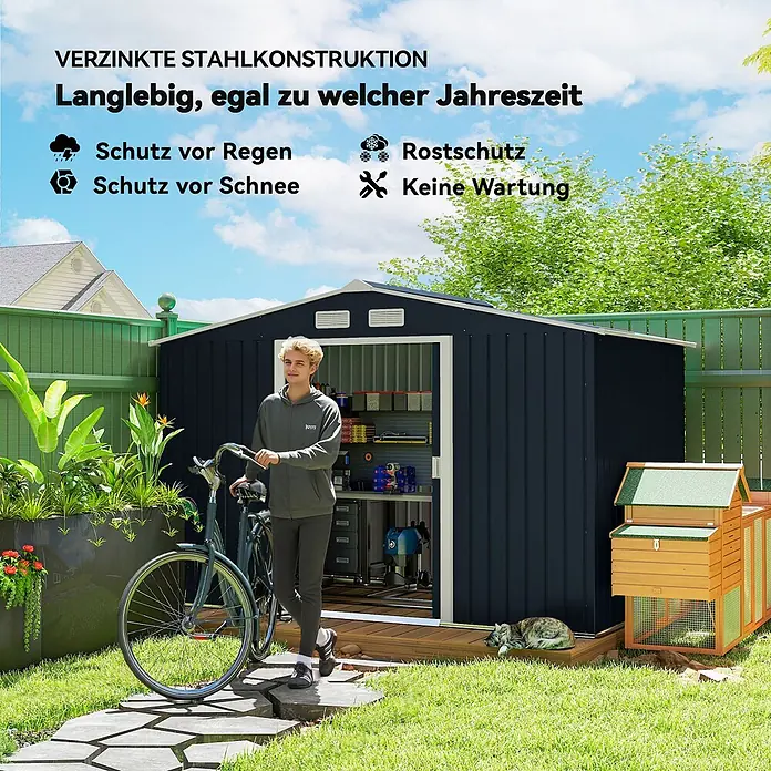 Outsunny Gerätehaus - Außenbreite inkl. Dachüberstand: 277 cm, Außentiefe inkl. Dachüberstand: 195 cm, Stahl, Dunkelgrau - Dunkelblaues Gartenhaus aus verzinktem Stahl im Garten, daneben eine Person, Fahrrad und Pflanzen.