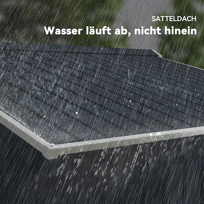 Outsunny Gerätehaus - Außenbreite inkl. Dachüberstand: 277 cm, Außentiefe inkl. Dachüberstand: 195 cm, Stahl, Dunkelgrau - Dunkles Satteldach im starken Regen, das Wasser effektiv ableitet.