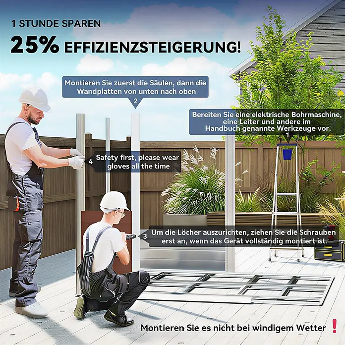 Outsunny Gerätehaus - Außenbreite inkl. Dachüberstand: 240 cm, Außentiefe inkl. Dachüberstand: 206 cm, Stahl, Teak - Zwei Arbeiter montieren eine Gartenstruktur aus Metall und Holz auf einer Terrasse gemäß Montageanleitung.
