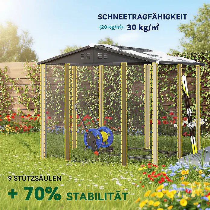 Outsunny Gerätehaus - Außenbreite inkl. Dachüberstand: 240 cm, Außentiefe inkl. Dachüberstand: 206 cm, Stahl, Teak - Gartenhaus mit dunklem Dach und transparenten Wänden, 9 Stützsäulen, für 30 kg/m² Schneelast und erhöhte Stabilität.