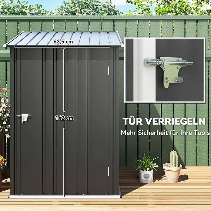 Outsunny Gerätehaus - Außenbreite inkl. Dachüberstand: 100 cm, Außentiefe inkl. Dachüberstand: 103 cm, Stahl, Dunkelgrau - Dunkelgrauer Metall-Gartenschuppen mit hellgrauem Dach, 142 cm Türhöhe und 63,5 cm Dachbreite, mit Riegelschloss für Werkzeugsicherheit.