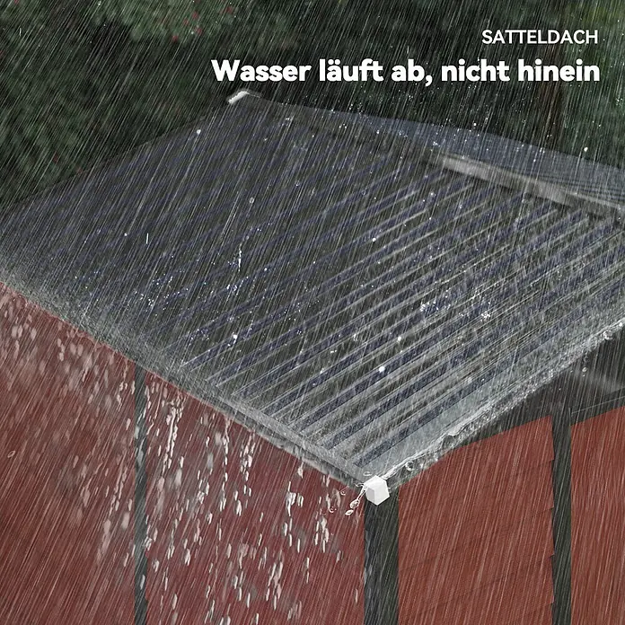 Outsunny Gerätehaus - Außenbreite inkl. Dachüberstand: 240 cm, Außentiefe inkl. Dachüberstand: 206 cm, Stahl, Teak - Braunes Gartenhaus mit transparentem Satteldach im Regen, Wasser läuft gut ab.