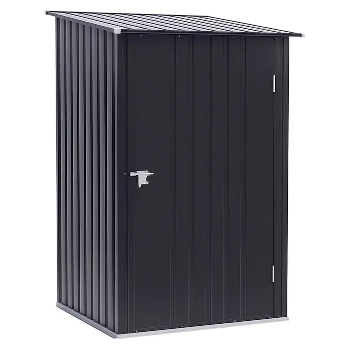 Outsunny Gerätehaus - Außenbreite inkl. Dachüberstand: 100 cm, Außentiefe inkl. Dachüberstand: 103 cm, Stahl, Dunkelgrau - Dunkelgrauer Metall-Gartenschuppen mit Pultdach und silbernem Riegel für den Außenbereich.
