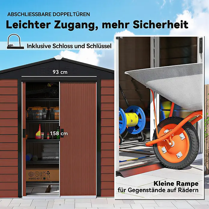 Outsunny Gerätehaus - Außenbreite inkl. Dachüberstand: 240 cm, Außentiefe inkl. Dachüberstand: 206 cm, Stahl, Teak - Braunes Gerätehaus mit Doppeltüren und Rampe, inklusive Schloss für leichten Zugang und Sicherheit.