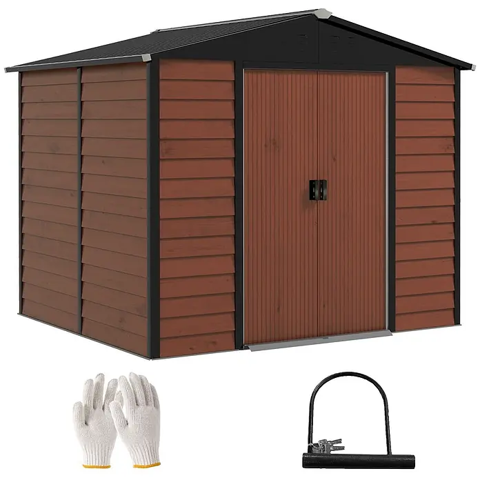 Outsunny Gerätehaus - Außenbreite inkl. Dachüberstand: 240 cm, Außentiefe inkl. Dachüberstand: 206 cm, Stahl, Teak - Brauner und schwarzer Geräteschuppen mit weißen Arbeitshandschuhen und einem schwarzen Bügelschloss.