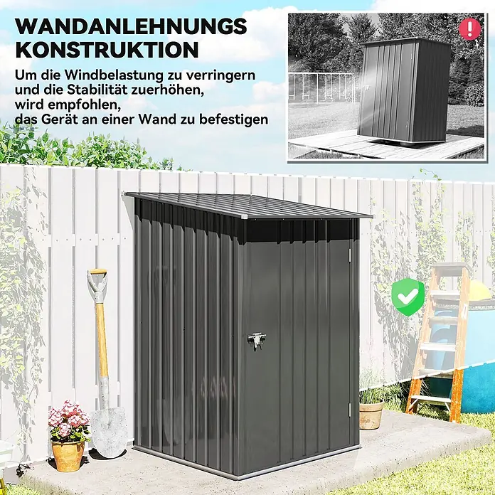 Outsunny Gerätehaus - Außenbreite inkl. Dachüberstand: 100 cm, Außentiefe inkl. Dachüberstand: 103 cm, Stahl, Dunkelgrau - Dunkelgrauer Metall-Gartenschuppen mit Pultdach, empfohlen zur Wandbefestigung für erhöhte Stabilität.