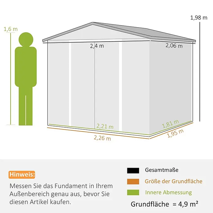 Outsunny Gerätehaus - Außenbreite inkl. Dachüberstand: 240 cm, Außentiefe inkl. Dachüberstand: 206 cm, Stahl, Teak - Maßdiagramm eines Gartenhauses. Es zeigt Gesamtmaße (Höhe 1,98 m, Breite 2,4 m, Tiefe 2,06 m), Grundfläche und Innenabmessungen.