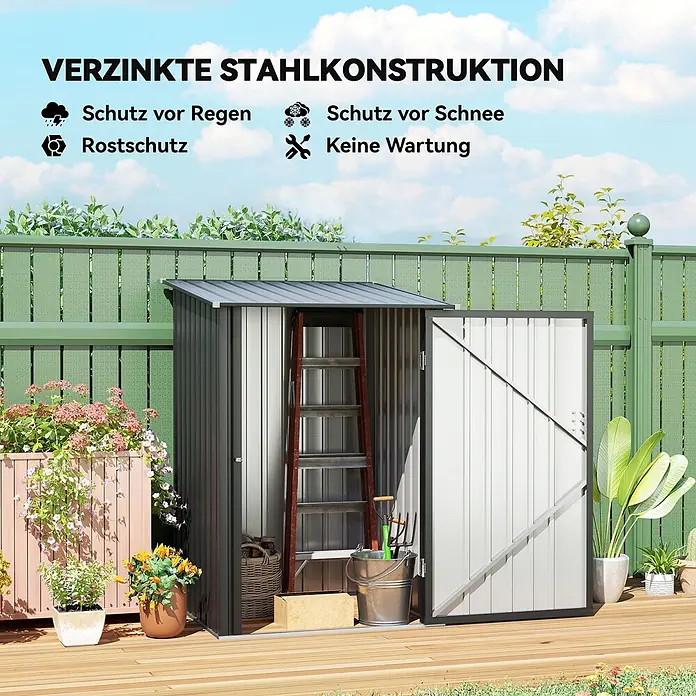 Outsunny Gerätehaus - Außenbreite inkl. Dachüberstand: 100 cm, Außentiefe inkl. Dachüberstand: 103 cm, Stahl, Dunkelgrau - Ein dunkelgrauer Gartenschuppen aus verzinktem Stahl mit offener Tür, der eine Leiter und Gartengeräte im Inneren zeigt, auf einer Holzterrasse.
