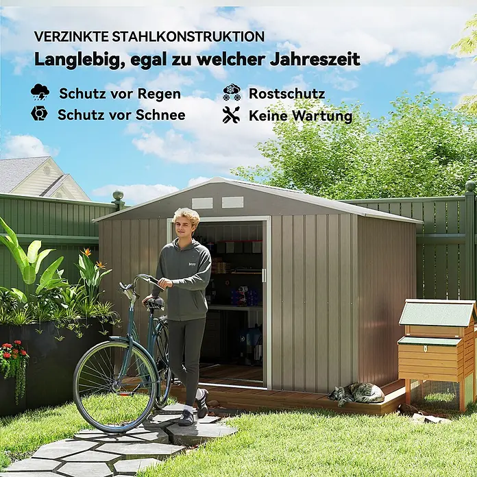 Outsunny Gerätehaus - Außenbreite inkl. Dachüberstand: 277 cm, Außentiefe inkl. Dachüberstand: 195 cm, Stahl, Braun - Ein grau-brauner Gartenschuppen aus verzinktem Stahl in einem Garten, davor eine Person mit Fahrrad, die ihn als Stauraum nutzt.