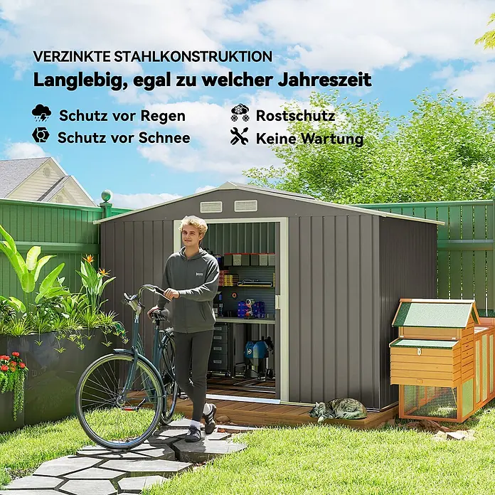 Outsunny Gerätehaus - Außenbreite inkl. Dachüberstand: 277 cm, Außentiefe inkl. Dachüberstand: 195 cm, Stahl, Grau - Dunkelgraues Gartenhaus aus verzinktem Stahl, langlebig und wetterfest, mit Schutz vor Regen, Schnee und Rost sowie ohne Wartung.
