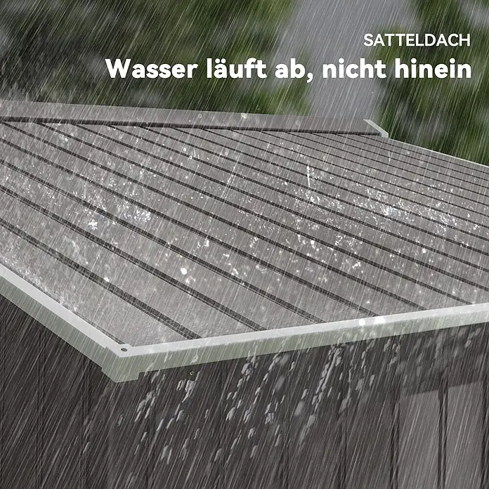 Outsunny Gerätehaus - Außenbreite inkl. Dachüberstand: 277 cm, Außentiefe inkl. Dachüberstand: 195 cm, Stahl, Grau - Graues, geripptes Schuppendach im Regen, Wasser läuft ab. Wasserdichte Konstruktion.