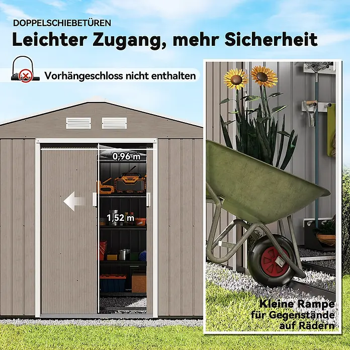 Outsunny Gerätehaus - Außenbreite inkl. Dachüberstand: 277 cm, Außentiefe inkl. Dachüberstand: 195 cm, Stahl, Braun - Braunes Gartenhaus mit Doppelschiebetüren (0,96x1,52m Öffnung) und kleiner Rampe für rollbare Gegenstände, für leichten Zugang & mehr Sicherheit.