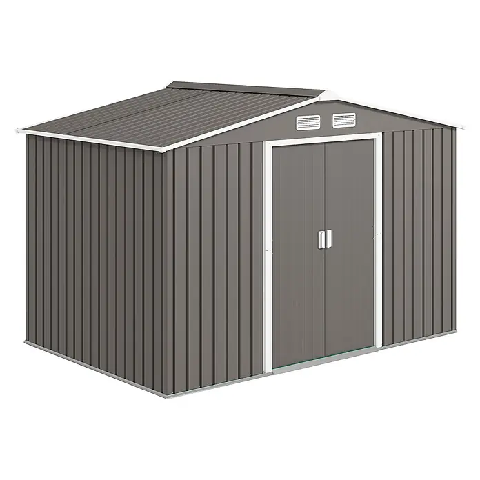 Outsunny Gerätehaus - Außenbreite inkl. Dachüberstand: 277 cm, Außentiefe inkl. Dachüberstand: 195 cm, Stahl, Grau - Dunkelgraues Metall-Gartenhaus mit weißem Besatz, Doppelschiebetüren und Giebeldach für Stauraum im Freien.