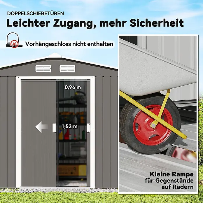 Outsunny Gerätehaus - Außenbreite inkl. Dachüberstand: 277 cm, Außentiefe inkl. Dachüberstand: 195 cm, Stahl, Grau - Grauer Metallschuppen mit Doppelschiebetüren (0,96x1,52m) und kleiner Rampe für rollende Gegenstände.