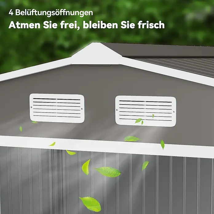 Outsunny Gerätehaus - Außenbreite inkl. Dachüberstand: 277 cm, Außentiefe inkl. Dachüberstand: 195 cm, Stahl, Grau - Graues Schuppendach mit zwei weißen Lüftungsgittern für frische Luft, Laub weht vorbei.