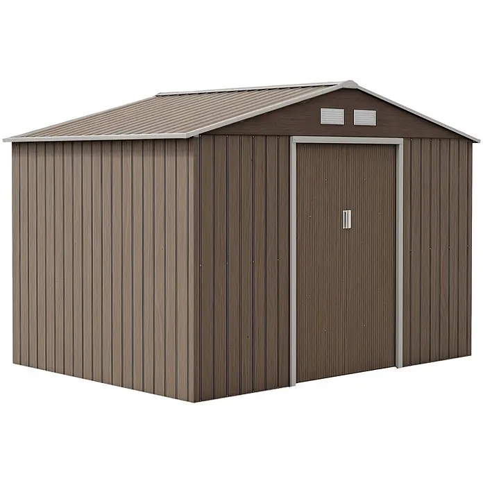 Outsunny Gerätehaus - Außenbreite inkl. Dachüberstand: 277 cm, Außentiefe inkl. Dachüberstand: 195 cm, Stahl, Braun - Brauner Gartenhaus mit Holzoptik-Metallpaneelen und einem geneigten Wellblechdach. Verfügt über eine Einzeltür und zwei obere Lüftungsschlitze.