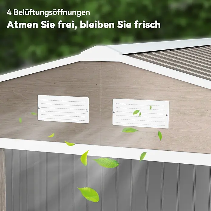 Outsunny Gerätehaus - Außenbreite inkl. Dachüberstand: 277 cm, Außentiefe inkl. Dachüberstand: 195 cm, Stahl, Braun - Giebel eines Schuppens mit zwei weißen Lüftungsöffnungen und Blättern, die Luftzirkulation und Frische anzeigen.