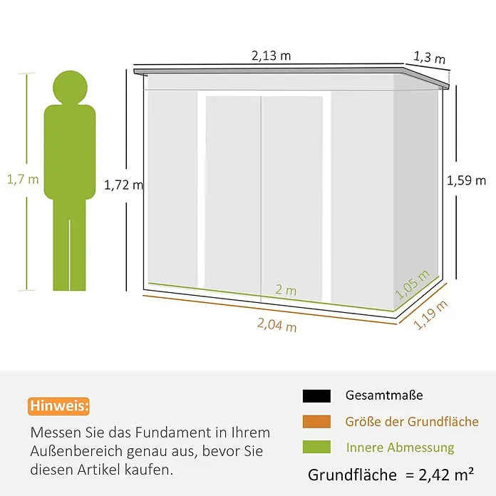 Outsunny Gerätehaus - Außenbreite inkl. Dachüberstand: 213 cm, Außentiefe inkl. Dachüberstand: 130 cm, Stahl, Hellgrau - Maße eines Gartenhauses mit einer Person als Größenvergleich. Zeigt Gesamtmaße, Grundfläche und Innenabmessungen des Schuppens in Metern.