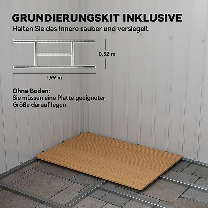 Outsunny Gerätehaus - Außenbreite inkl. Dachüberstand: 213 cm, Außentiefe inkl. Dachüberstand: 130 cm, Stahl, Hellgrau - Metall-Fundamentrahmen-Kit für Gartenhaus, mit teilw. eingelegter Holz-Bodenplatte. Maße 1,99m x 0,52m.