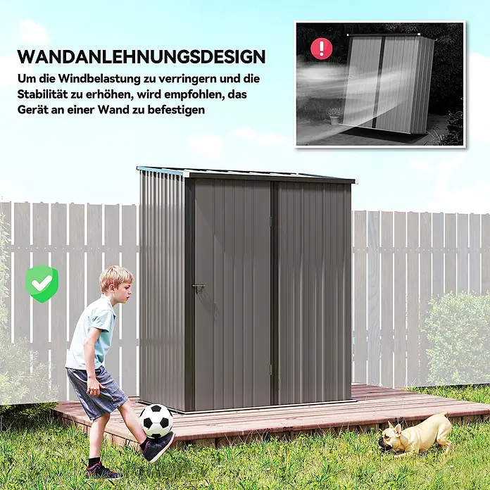 Outsunny Gerätehaus - Außenbreite inkl. Dachüberstand: 162 cm, Stahl, Hellgrau - Dunkelgraues Metallgerätehaus mit wandanlehnendem Design für erhöhte Stabilität und Windbeständigkeit.