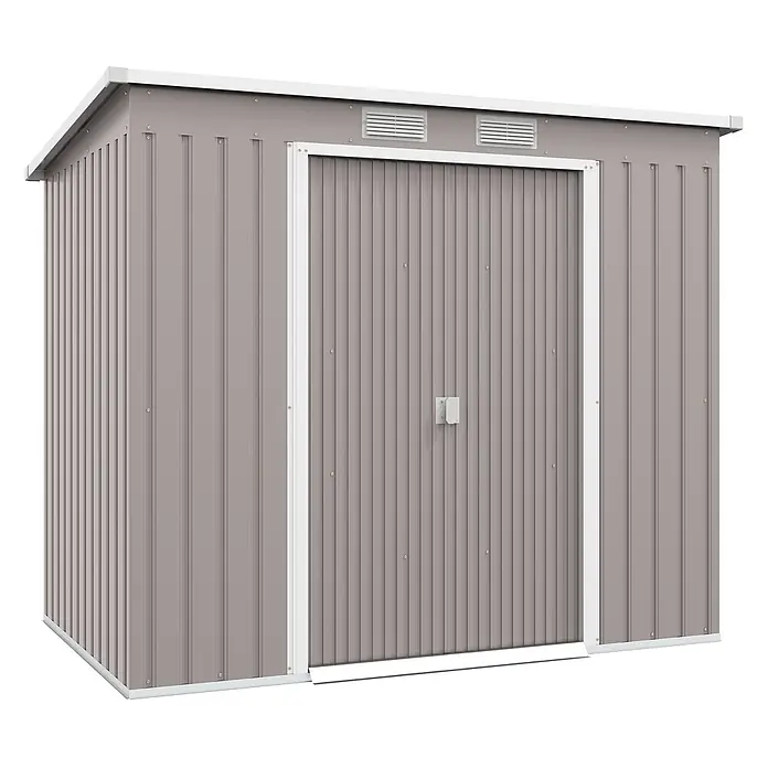Outsunny Gerätehaus - Außenbreite inkl. Dachüberstand: 213 cm, Außentiefe inkl. Dachüberstand: 130 cm, Stahl, Hellgrau - Graues Metall-Gartenhaus mit weißem Dach und Türrahmen, mit zwei Lüftungsgittern.