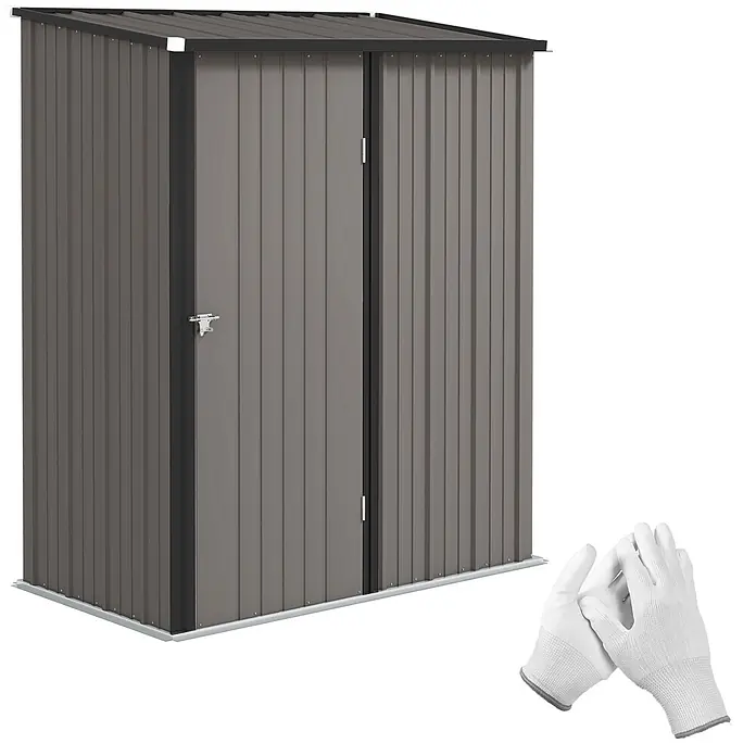 Outsunny Gerätehaus - Außenbreite inkl. Dachüberstand: 162 cm, Stahl, Hellgrau - Dunkelgraues Metallgartenhaus mit Doppeltüren und einem Paar weißer Arbeitshandschuhe.