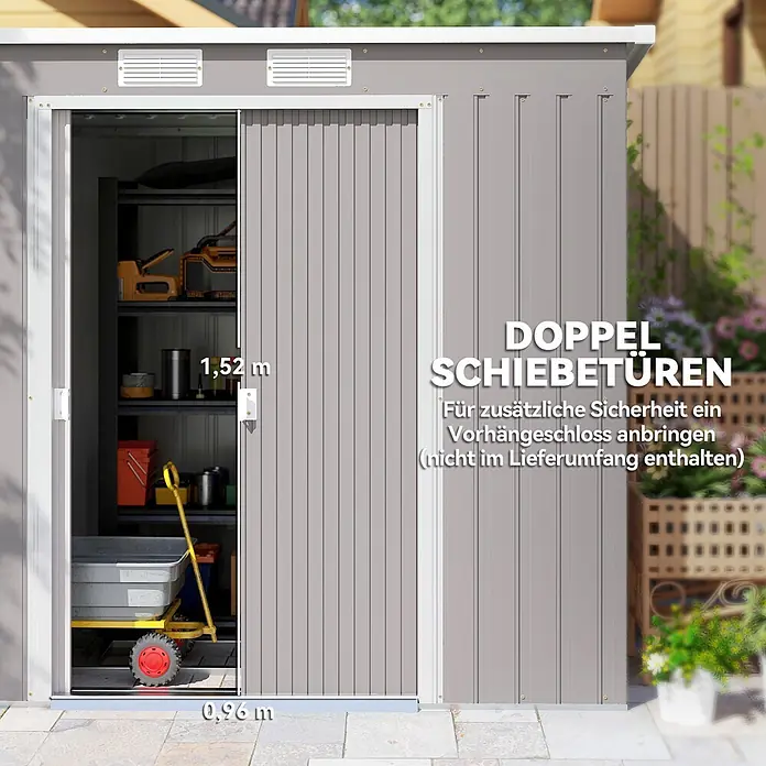 Outsunny Gerätehaus - Außenbreite inkl. Dachüberstand: 213 cm, Außentiefe inkl. Dachüberstand: 130 cm, Stahl, Hellgrau - Grau-metallic Gartenschuppen mit offenen Doppel-Schiebetüren, 0,96m B x 1,52m H Öffnung.